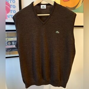 Lacoste Classic V-Neck Knit Sweater Vest Pure Virgin Wool Chocolate Brown Size 7